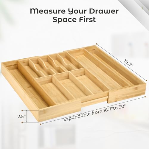 Fabsome Silverware Organizer for Cabinet Drawer, Expandable from 16.7'' to 30'' Wide Bamboo Wood Flatware Tray for Large Kitchen Drawers, Cutlery Utensil Holder