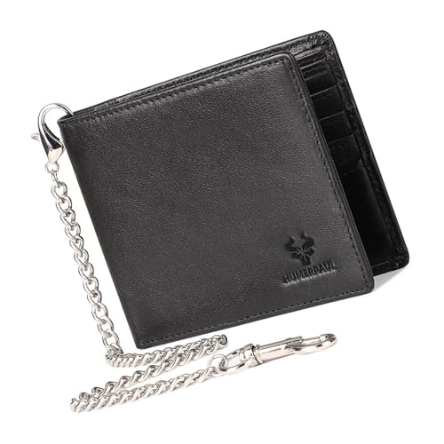 Cartera plegable de piel auténtica para hombre con cadena antirrobo, diseño delgado y compacto, 12 ranuras para tarjetas, 2 ventanas de identificación, espaciosos compartimentos para billetes, Negro