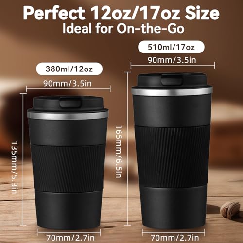 Baodaadan 12OZ Travel Coffee Mug Insulated Coffee Cup with Spill Leak Proof Lid, Portable Stainless Steel Tumbler Reusable Hot and Cold Water Mug for Car, Daily, Camping-Black