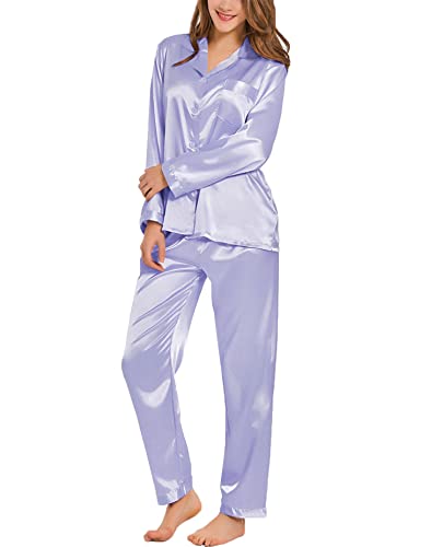 Image of SWOMOG Long Sleeve Pajamas Set Silk Satin Sleepwear Button Down Pjs Loungewear with Pocket Lavender Large