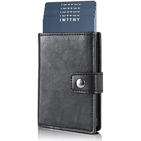 IWTTWY Card Wallet for Men Credit Card Holder - RFID Blocking PU Cover Metal Card Slot Pop Up Card Protector Slim Wallet, Black Cover