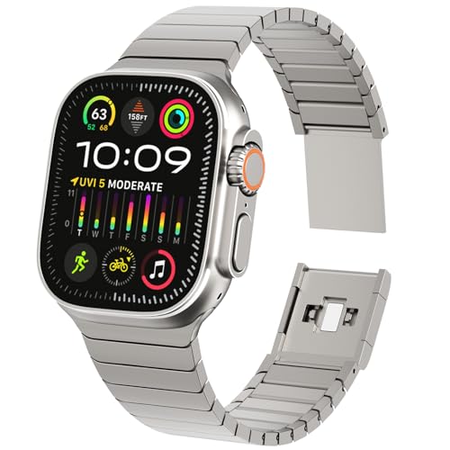 KADES Stainless Steel Band Compatible with Apple Watch Ultra Band 49mm 45mm 44mm 42mm Men Women, Metal Wristband with Magnetic Buckle for iWatch Series Ultra 2/1 9 8 7 6 5 4 3 2 1 SE, Titanium