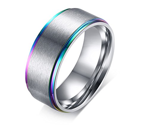 彼氏・彼女・家族へのプレゼント:サージカル ステンレス メンズ リング 指輪 結婚指輪 8mm かっこいい にじ 男性用指輪 シルバー[ギフトバッグを提供] 16号 18号 20号 23号 25号 27号