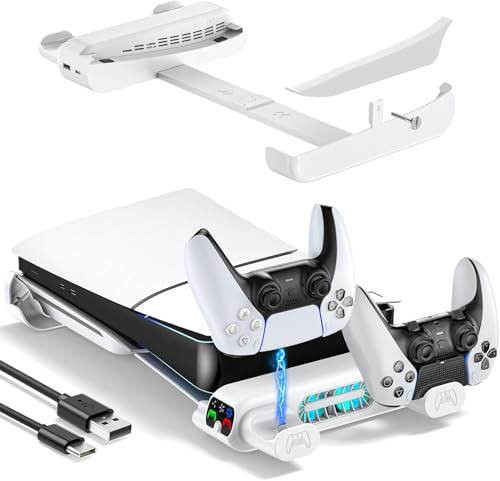 【PS5 Pro/新型 PS5 Slim対応】PS5 横置きスタンド 3段階風速調整冷却 PS5 Silm コントローラー 充電スタンド 放熱改善 転倒防止 地震対策 傷付き防止 プレステ5 プロ/PS5 Slim両対応 PS5 スリム 周辺機器 (白)