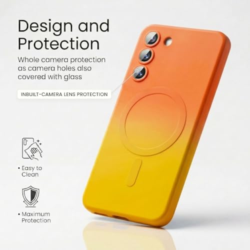 Image of amazon basics Gradient Mag-Safe Case for Samsung Galaxy S23 5G | Soft Silicone Shockproof Cover with Camera Protection | Slim Lightweight Design | Smooth Touch & Durable - Orange & Yellow