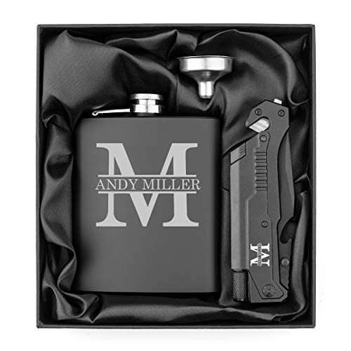 Initial Engraved 7oz Stainless Steel Flask Funnel Tactical Rescue Knife Gift Box Set Custom Personalized