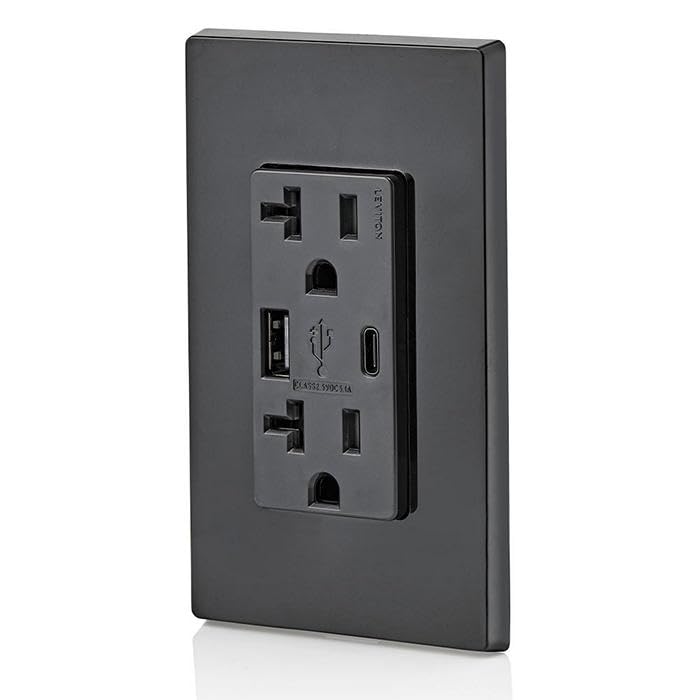 Image of Leviton Type A & Type-C USB In-Wall Charger with 20A Tamper-Resistant Outlet, USB Charger for Smartphones and Tablets. Not for Laptops, T5833-E, Black