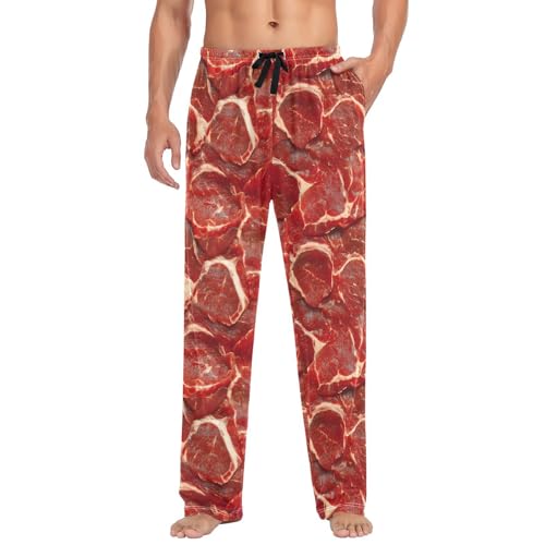 Mens Cotton Pajama Pant – Meat Texture Print Lounge Pjs Bottom with Pockets Drawstring S