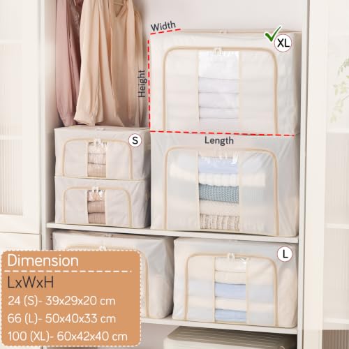 Image of HOKIPO 100L Wardrobe Organiser for Storage for Clothes, Extra Large Foldable Storage Box, Cream Pack of 1 (NEW-AR-6671-CRM)