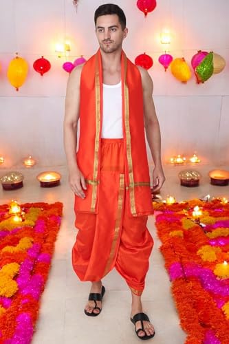 Image of Rameshwaram Fabrics Readymade Dhoti for Men, Velcro Style Stitched Mens Silk Dhoti Pant with Stole Set