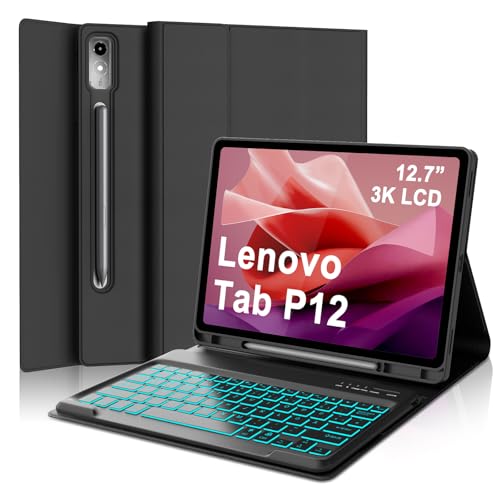 WAVATA Tastatur für Lenovo Tab P12 12.7 Zoll 2023 mit Beleuchtete Hülle mit Tastatur für Lenovo Tab P12 Magnetische Bluetooth Abnehmbare QWERTZ Layout Schwarz