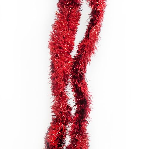 Trimming Shop 6.5ft/2m Red Chunky Christmas Tinsel Garland Shiny Metallic Fine Foil Twist Xmas Tree Garland for Festive Party Holiday Celebration Indoor & Outdoor Hanging Decorations