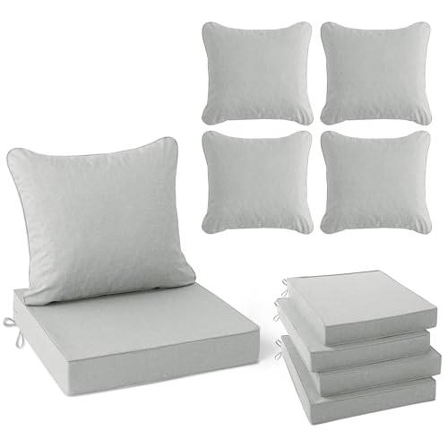 Image of Summsun Patio Cushions for Outdoor Furniture, Faux Linen Water Resistant Backrest and Deep Seat Cushion Set with Non-Slip Bottom, Ties, Removable Cover, 24 x 24 Inch, Light Grey, Set of 4