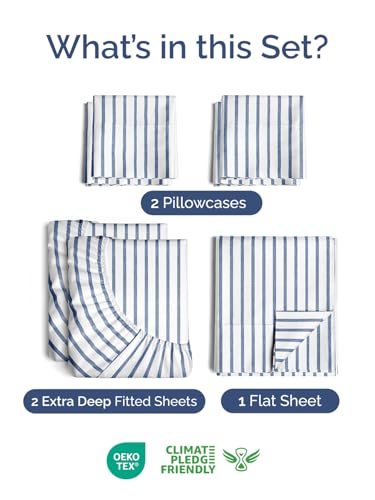 Image of Extra Deep Split King Sheet Set - 7 Piece Cooling Bed Sheets - Blue Stripes | Hotel Luxury Bed Sheets Set, Easy & Secure Fit, Ultra-Soft, Wrinkle & Fade Free, Comfy Sheets Set with Extra Deep Pockets