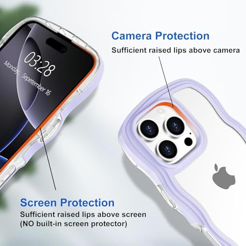 Image of GoldKart iPhone 16 Pro Max Case Wavy Edge Clear Back Design, Anti-Slip Grip Cute Wave Curly Frame Shape Shockproof Soft TPU & Hard PC Bumper Protective Phone Case Cover for Women Girls - Purple