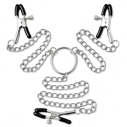BDSM Adjustable Metal Clip Set with Connecting Chain & O-Ring,
