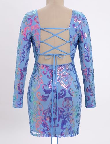 Women's Long Sleeve Sparkly Sequins Bodycon Mini Dress Party Nightclub Dresses Crisscross Straps Tie Back4