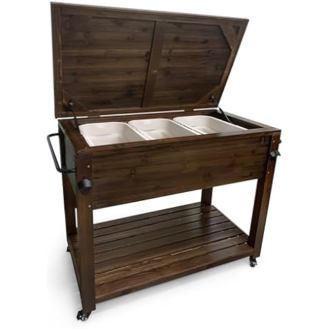 Wooden Patio Cooler with Wheels, Handles and Bottle Opener, Ice Chest with Shelf, Portable Beverage Drink Rolling Cart for Outdoor, Backyard, Garden, Deck, 100-Quart, Dark Cover