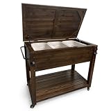 Wooden Patio Cooler with Wheels, Handles and Bottle Opener, Ice Chest with Shelf, Portable Beverage Drink Rolling Cart for Outdoor, Backyard, Garden, Deck, 100-Quart, Dark