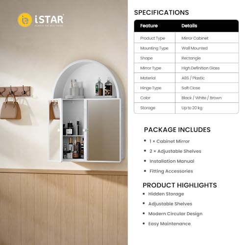 Image of iSTAR Wall Mounted Storage Mirror Cabinet, Bathroom Wall Mirror with Storage Shelf Mirror with Hidden Cabinet Organizer | Modern Wall Mounted for Bathroom, Bedroom, Washbasin (White)