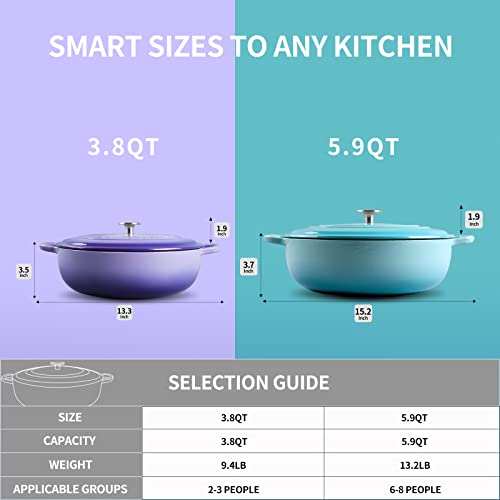 Edging Casting Enameled Cast Iron Dutch Oven Shallow Casserole Braiser With Dual Handle, 3.8-Qt, Purple #TOP5
