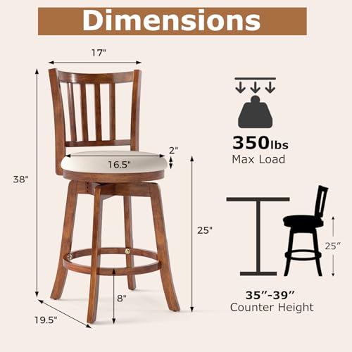 Butacos Giratorios de Barra Giantex, Set de 2 Unidades, Altura para Encimera (25 pulgadas), Patas de Madera de Caucho y Reposapiés, Asiento Tapizado, Estilo Granja para Isla de Cocina, Comedor y Pub miniatura 3