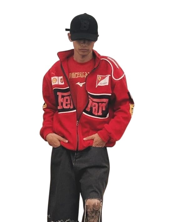 Red F1 Speed Printed Jacket | Motorsport & Streetwear Fusion | Racing Jacket with Patches, Full Zip Hooded Motorsport Style Outerwear | Vintage Mordern Style (RED)