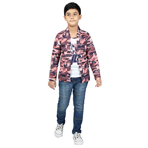 Image of Boy's Full Sleeve Cotton White Printed T-Shirt with Yellow Jacket Shrug Look Smart and Comfortable for Any Casual and Festive Purpose