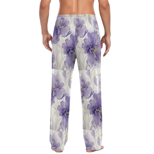Men’s Purple Silver Flower Pajama Pants with Pockets, Comfortable Lounge Sleep Bottoms#2852