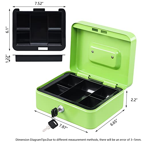 Image of KYODOLED Medium Cash Box with Money Tray,Small Safe Lock Box with Key,Cash Drawer,7.87 inchx 6.30 inchx 3.54 inch Limegreen Medium