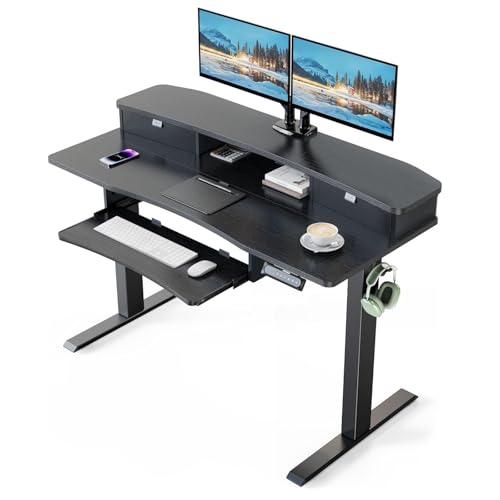 Image of HUANUO 48 inch x 26 inch Electric Standing Desk with 2 Drawers & 26.7 inch Large Keyboard Tray, C-Clamp Mount Compatible, Adjustable Computer Desk for Home Office, Stand Up Desk with 4 Height Presets, Black