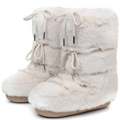 ZHENAIYISHENG Black White Fur Boots, Furry Fuzzy Snow Boots for Women with Faux Fur Lined Non-Slip Lace-up Mid-Calf Ski Boots 2025 (beige, 8, 9)