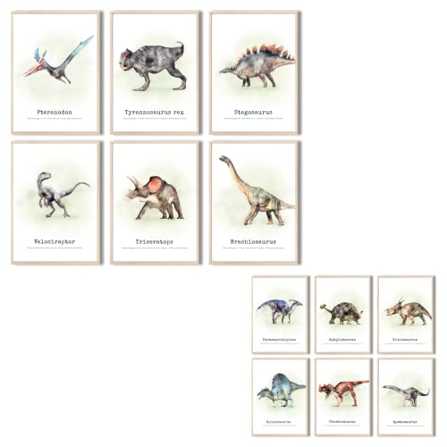 MeinBaby123® Dino Poster Kinderzimmer doppelseitig | Dinosaurier Poster 6er Set DIN A4 12 Motive I Bilder Kinderzimmer Jungen | Dino Deko Kinderzimmer| Wandposter Premium (Poster Set doppelseitig V1)