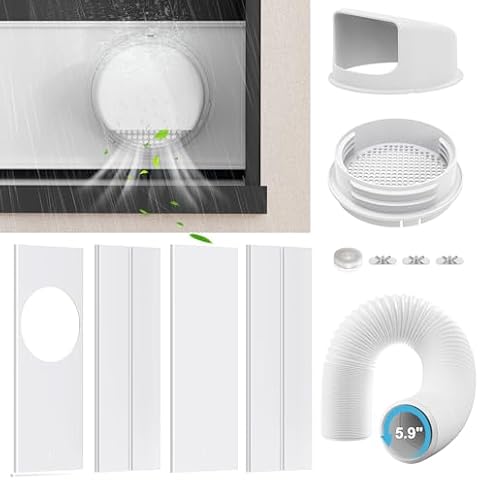 YJHome Portable AC Window Vent Kit with 5.9" Exhaust Hose & Coupler, Air Conditioner Window Seal Kit with Reinforced Plates, Rain Cover, Portable Air Conditioner Window Kit for Sliding Window Cover