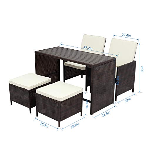 Image of Wisteria Lane 5 Piece Patio Porch Dining Set Outdoor Furniture Bar Bistro Wicker Chair Stool Wooden Table All-Weather Conversation,Brown Wicker Beige Cushions
