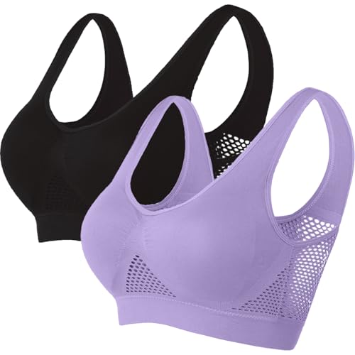 Memoryee Reggiseni Sportivi Imbottiti per Donna Impatto Medio Taglia Plus per Seno Grande Push Up Senza Cuciture Traspirante per Yoga e Corsa Top a Canotta Nero+Viola M