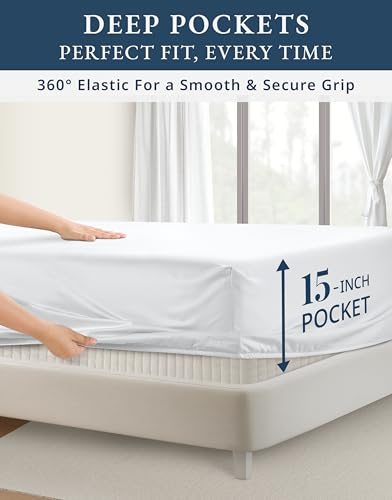 Image of LANE LINEN Cotton Bed Sheets King Egyptian Cotton Sateen - Brilliant White | Split Top King Sheets Sets For Adjustable Bed - 4-Piece Set, For Guests And Everyday Use, Buttery-Soft Silky Sateen