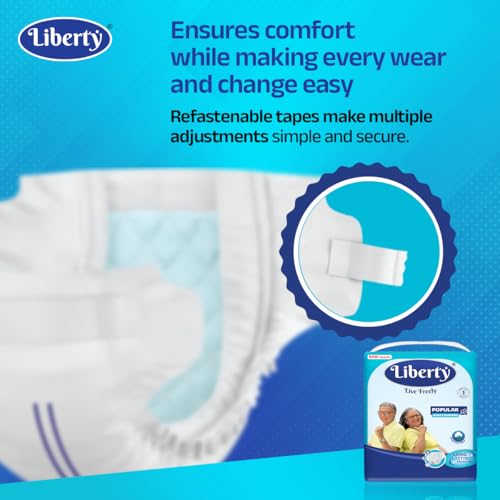 Liberty Popular Adult Diapers, Tape Style, Medium (M) Size, 10 Count, Waist Size (76-101cm | 30-40 inches), Unisex, High Absorbency, Leak Proof, Wetness Indicator, Pack of 1