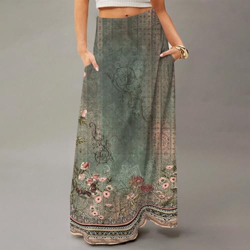 Maxi Skirts for Women 2025 Boho Elastic High Waisted Long Skirt with Pockets Summer Beach Flowy Floral Skirt2
