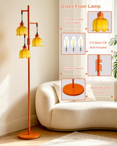 Image of Lightdot 3-Light Lotus Floor Lamp 65'' Dimmable with Orange Glass Shade & E12 Bulbs Included, Mid Century Tall Flower Lamp with 5Lbs Heavy Base for Living Room /Bedroom /Sofa Beside /Corner Decor - Gold