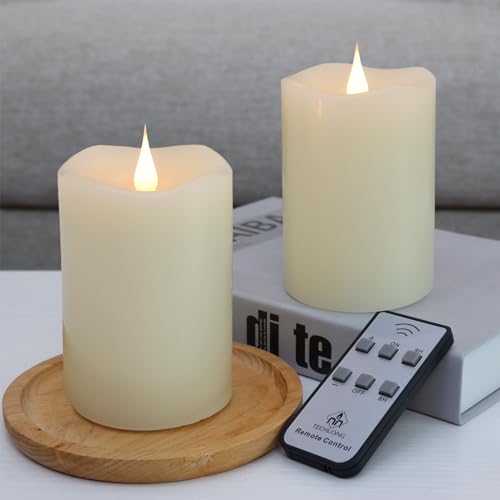 Image of TECHLONG Flameless Candles Battery Operated with Remote Timer, 3D Moving Flame Flickering, Last 600+ Hours Battery Candles, 3 inch x 5 inch Ivory Real Wax Electric LED Candle for Wedding Party, Set of 2