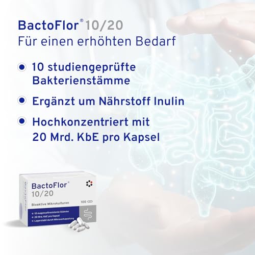 BactoFlor® 10/20 - Probiotika für Darmkur hochdosiert 100 Kapseln - Darmbakterien zur Darmsanierung & Darmflora Aufbau - 20 Bakterienstämme für den Darm - 2000 Mrd KBE/Pack. - laktosefrei, glutenfrei