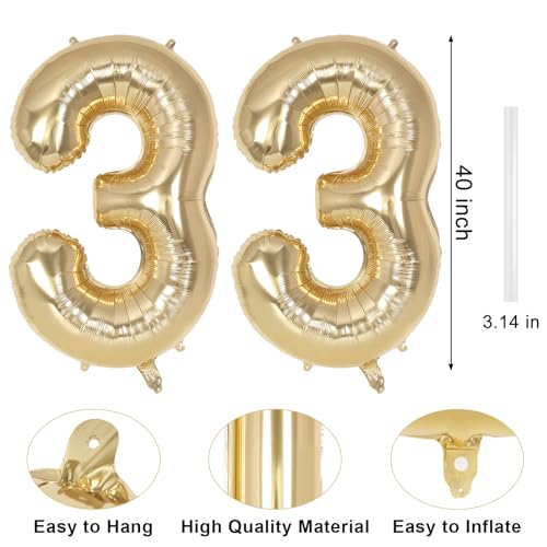 Image of Champagne Gold Large Number 33 Balloon, 40 Inch Light Gold Foil Helium Number Balloons, Giant Mylar Number 33 Balloons for 33 Years Old Birthday Party Anniversary Decorations (Champagne Gold 33)