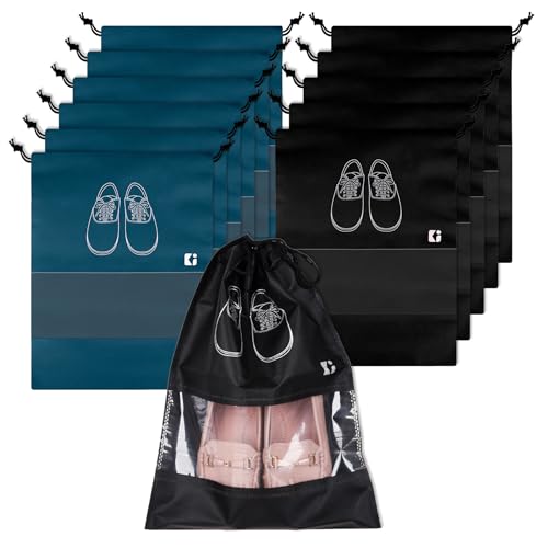 Image of Urbane Home Pack of 12 Shoe Bags | Shoe Bags for Travel | Non-Woven Shoe Storage Bags | Storage Organizers Set | Shoe Cover with Transparent Window | Shoe Dori Cover | Navy Blue & Black