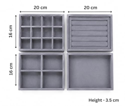 Image of La Trove Set of 4 Stackable Jewelry Organizer Trays for Drawer, Cream Grey | Stackable set of 4 velvet trays for rings, earrings, necklaces, jhumkas and bangles, ideal for drawer jewelry storage