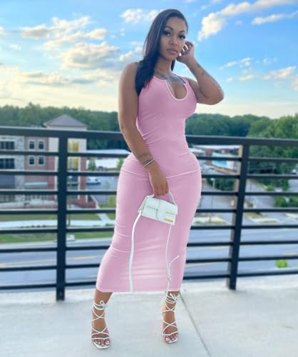 Image of Nimsruc Women Casual Sexy Deep U Neck Tank Top Bodycon Dress Summer Sleeveless Wrap Long Basic Party Club Maxi Dresses