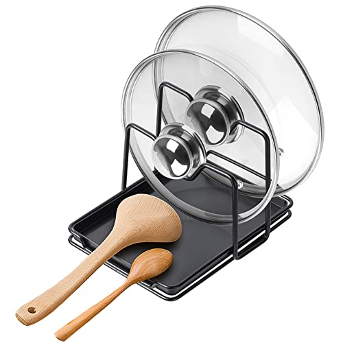 Pot-Lid-Holder-2-Layers-Pot-Lids-Organizer-Multifunctional-Lid-and-Spoon-Rest-Rack-with-Drip-Tray-for-Lids-Spatulas-Spoons-Cutting-Boards Pot Lid Holder, 2 Layers Pot Lids Organizer Multifunctional Lid and Spoon Rest Rack with Drip Tray for Lids, Spatulas, Spoons, Cutting Boards - Image 1