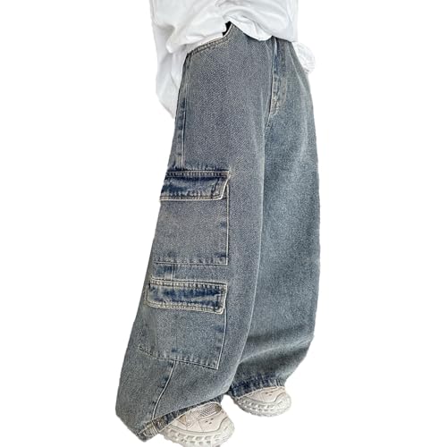 Boys Baggy Cargo Jeans Elastic High Waist Hip Hop Pant Vintage Wide Leg Ripped Jeans Loose Fit for Teens with Pockets