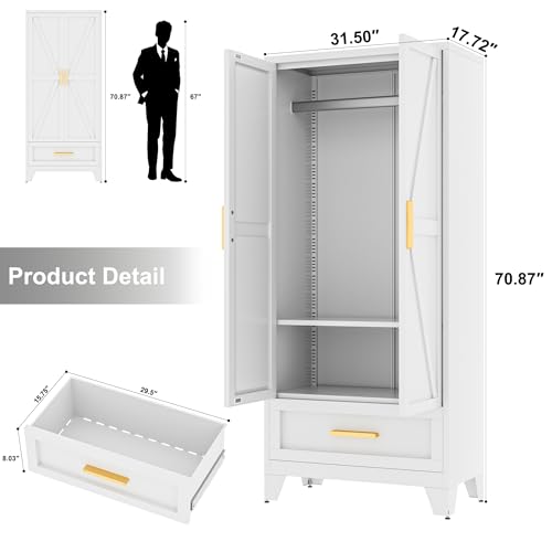 Metal-Wardrobe-Cabinet71-Armoire-Wardrobe-Closet-with-Drawers-and-Hanging-RodMetal-Armoire-with-Adjustable-Shelves-for-ClosetBedroomFarmhouse-Storage-Cabinet-with-Barn-Door Metal Wardrobe Cabinet71 Armoire Wardrobe Closet with Drawers and Hanging RodMetal Armoire with Adjustable Shelves for ClosetBedroomFarmhouse Storage Cabinet with Barn Door
