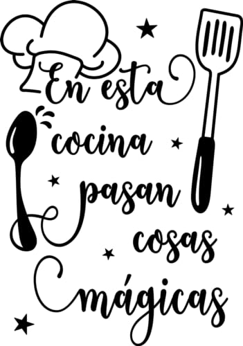 SoulArt® Vinilo decorativo con frase 'En esta cocina pasan cosas mágicas' Pegatinas decorativas cocina. Decoración casa, vinilo pared autoadhesivo, vinilo de corte (20x29cm)